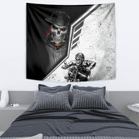 Rectangular tapestry with skull face portrait and motorcycle rider on a diagonal design