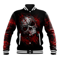 Black baseball jacket with red skull graphic, button-front and striped rib collar