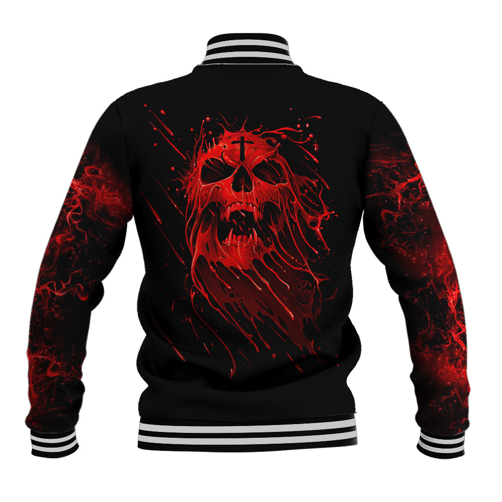Black baseball jacket back with large red skull scream graphic and striped rib hem
