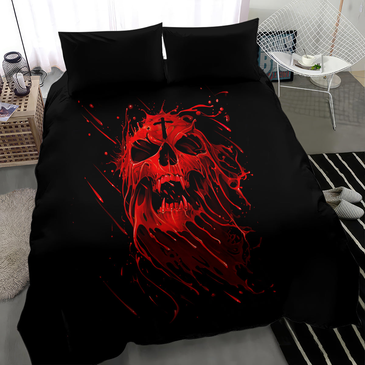 Black duvet and two pillowcases featuring bold red screaming skull design