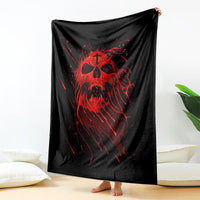 Black skull graphic blanket with red screaming skull design, draped overhead