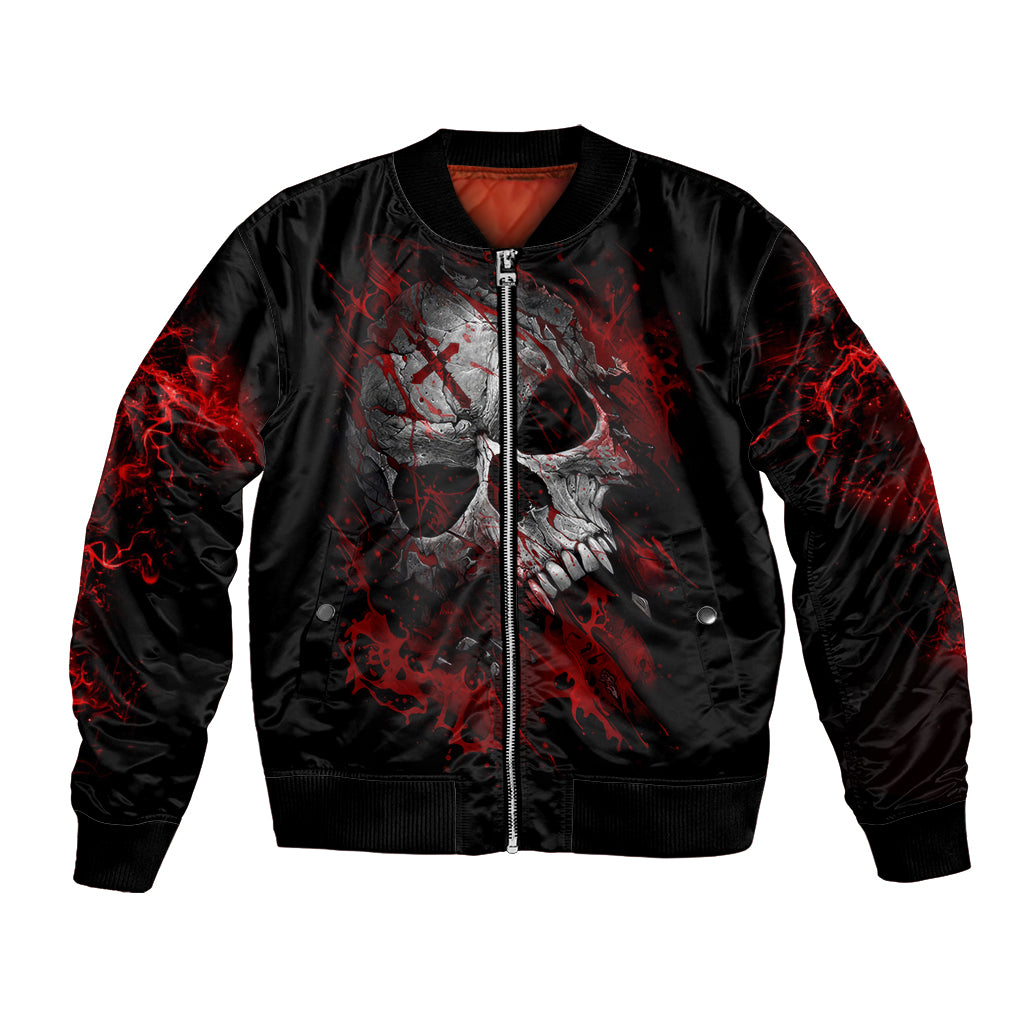 Unisex black bomber jacket with red bloody skull front graphic and zip closure