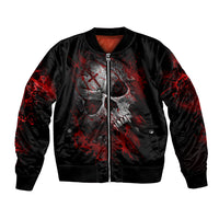 Unisex black bomber jacket with red bloody skull front graphic and zip closure
