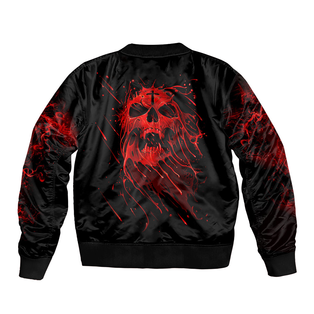 Unisex black bomber jacket with red skull graphic on back and ribbed hem