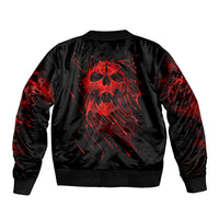 Unisex black bomber jacket with red skull graphic on back and ribbed hem