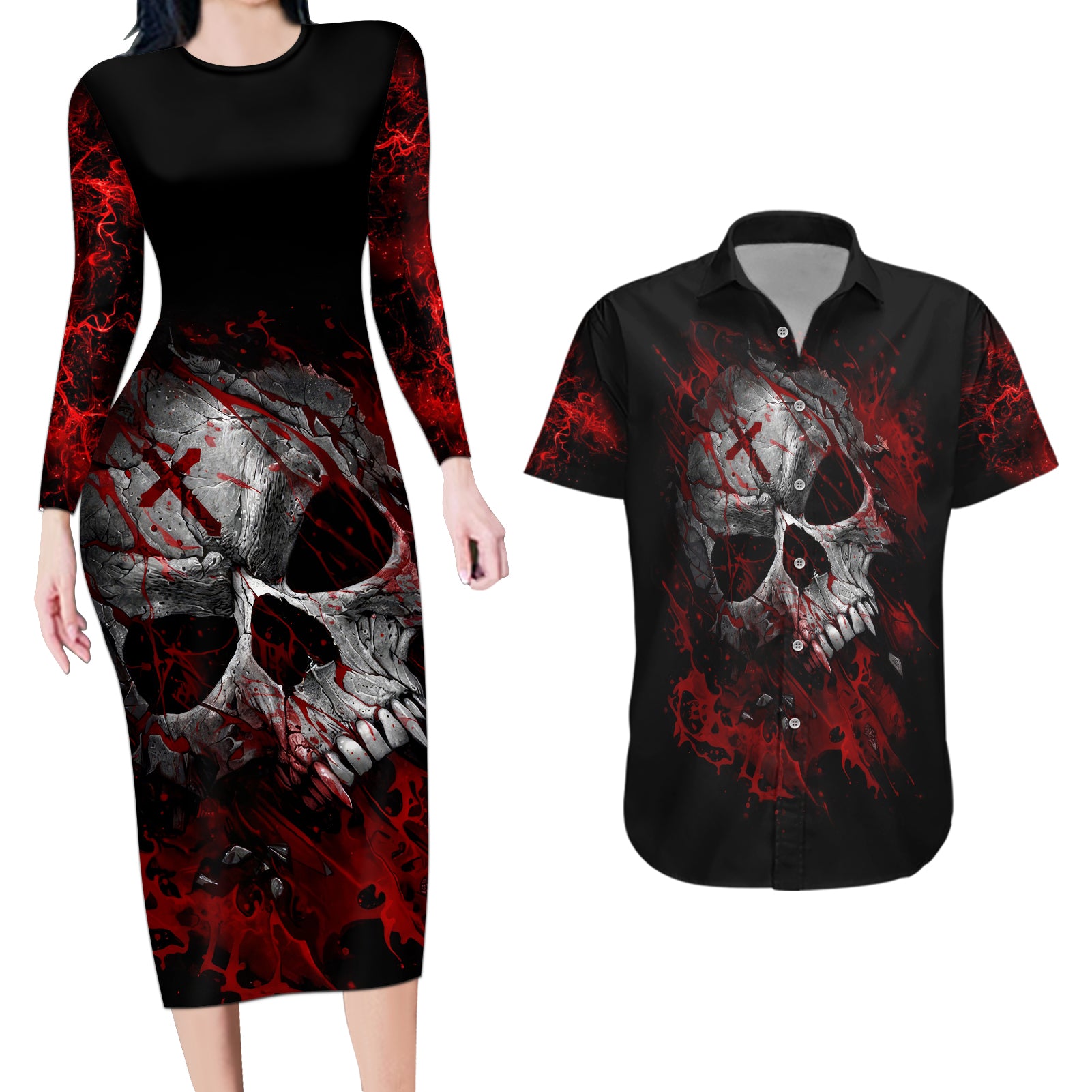 Skull Couples Matching Long Sleeve Bodycon Dress and Hawaiian Shirt Bloody Skull Scream - Wonder Print Shop