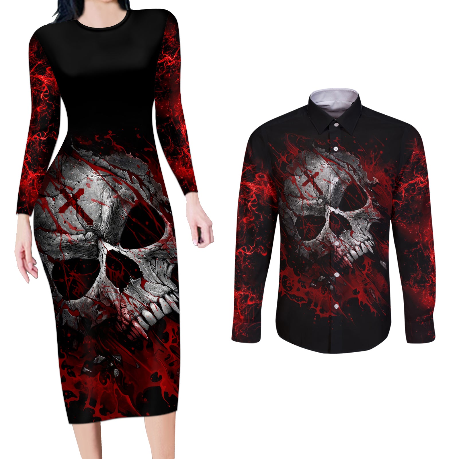 Skull Couples Matching Long Sleeve Bodycon Dress and Long Sleeve Button Shirts Bloody Skull Scream - Wonder Print Shop