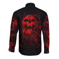 Black long-sleeve button shirt with back skull face and red flame-like pattern