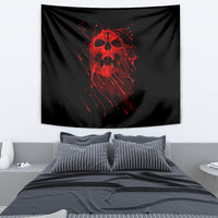 Black square tapestry wall hanging with centered red screaming skull artwork