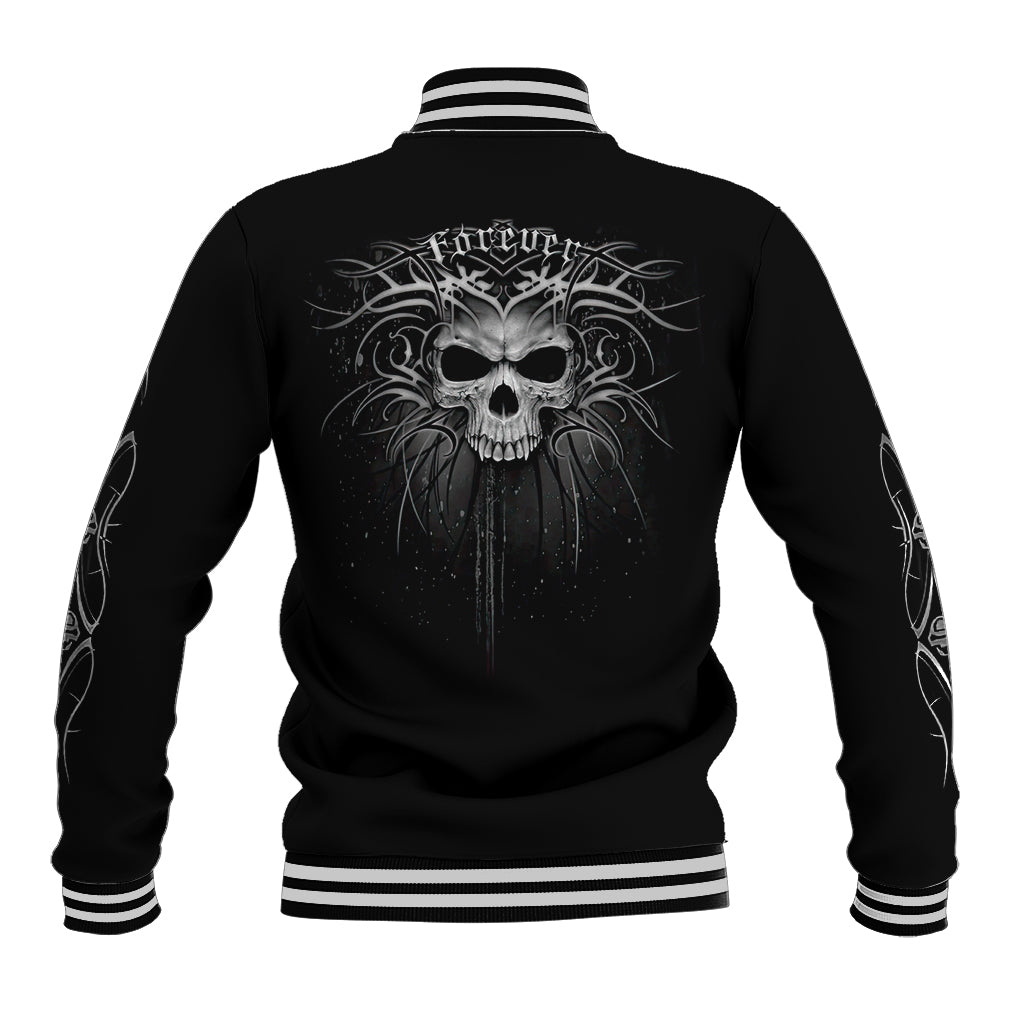 Black unisex skull baseball jacket, striped ribbed collar, large back skull artwork