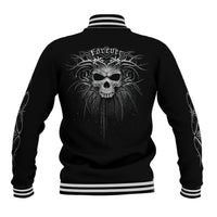 Black unisex skull baseball jacket, striped ribbed collar, large back skull artwork
