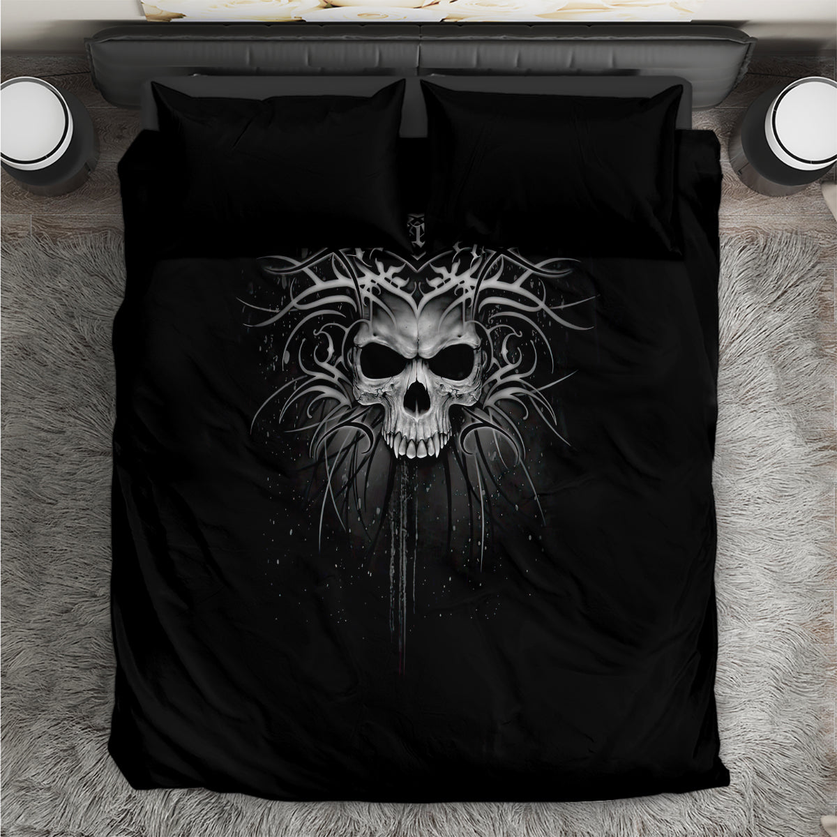 Black skull bedding set with duvet and two matching pillow shams, centered artwork