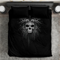 Black skull bedding set with duvet and two matching pillow shams, centered artwork