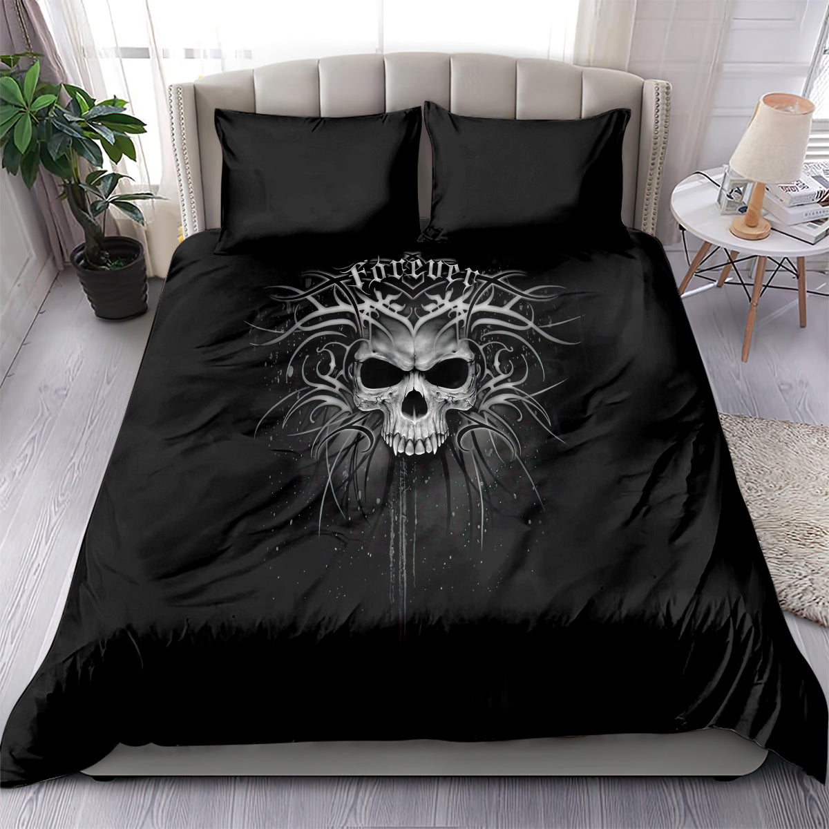 Black skull bedding set with duvet and two pillow shams, large ornate skull print