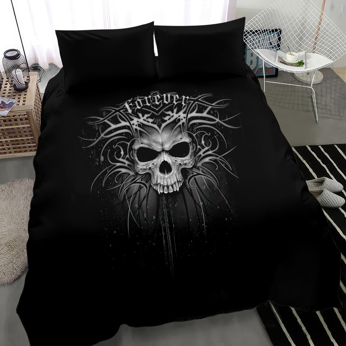 Black duvet cover bedding set with large skull artwork and two matching pillow shams