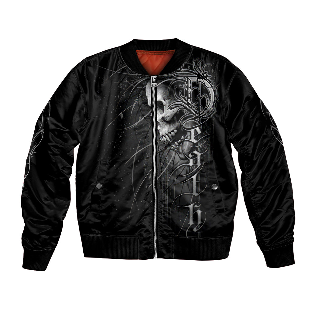 Black unisex bomber jacket with front skull-and-floral graphic, full zip