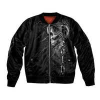 Black unisex bomber jacket with front skull-and-floral graphic, full zip
