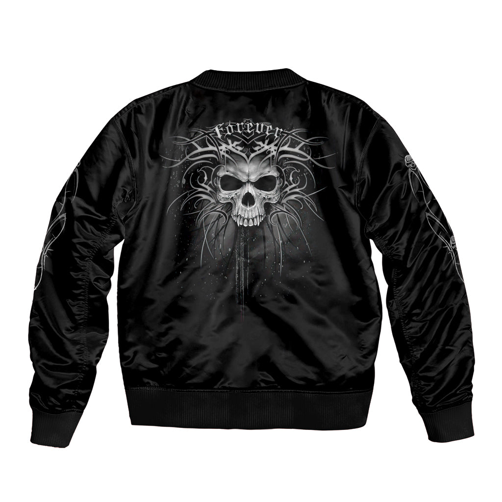 Black unisex bomber jacket with back skull graphic, ribbed hem and cuffs