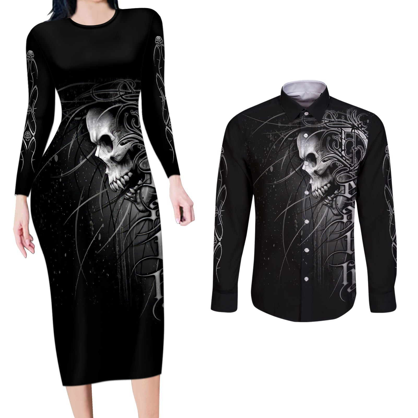 Skull Couples Matching Long Sleeve Bodycon Dress and Long Sleeve Button Shirts Skull Death Forever - Wonder Print Shop