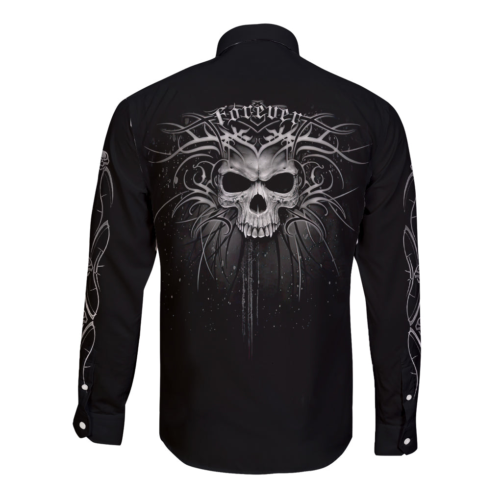 Black long-sleeve button shirt with large skull graphic on back, unisex
