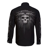 Black long-sleeve button shirt with large skull graphic on back, unisex