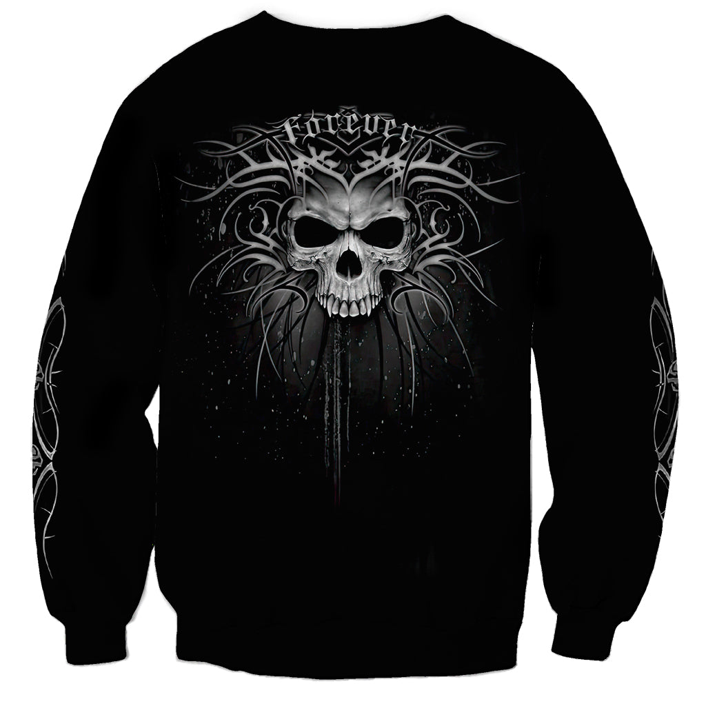 Black unisex crewneck sweatshirt with centered back skull graphic and filigree