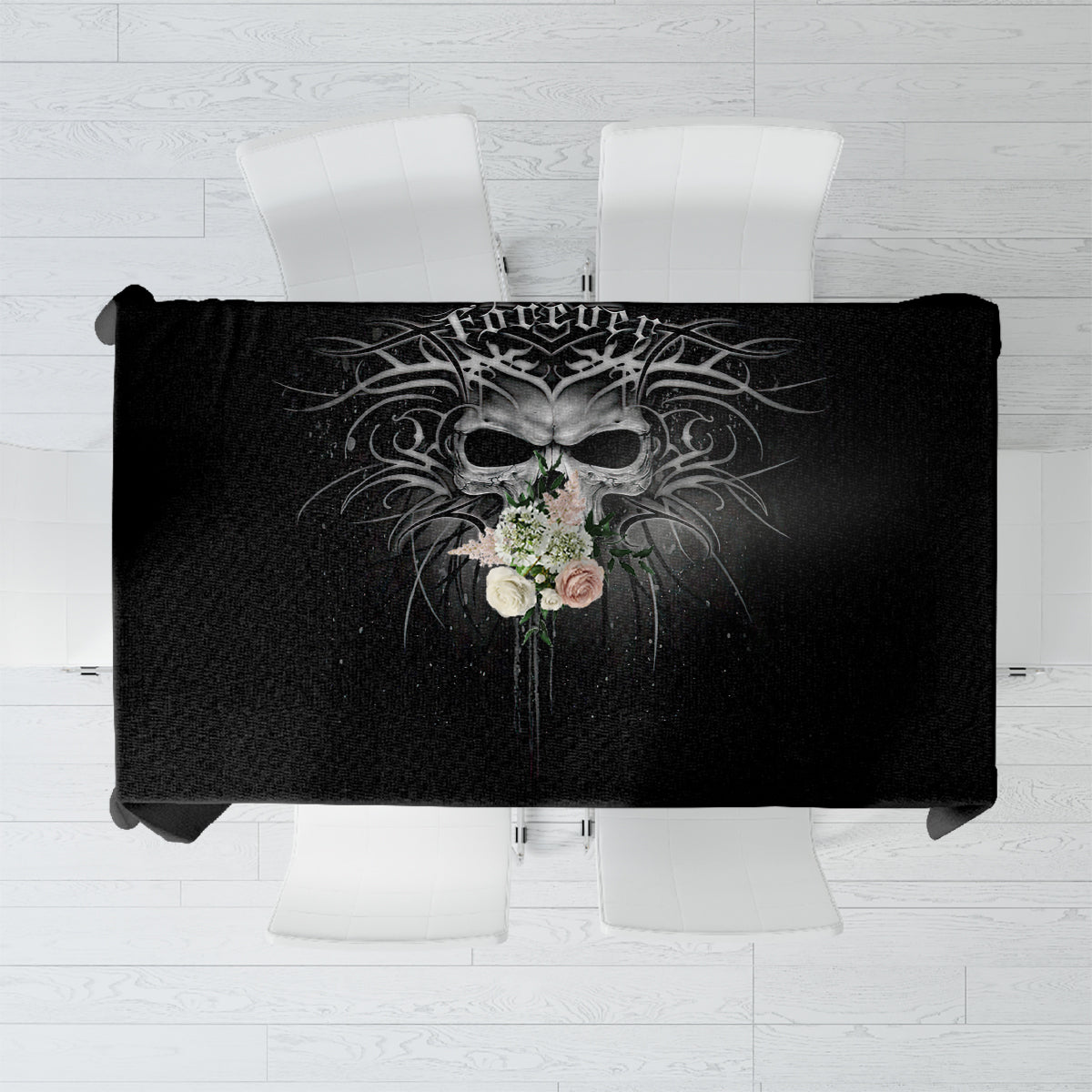 Black skull print tablecloth with ornate skeleton design, rectangular drape.