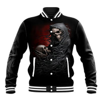 Black skull baseball jacket with red fire graphic, snap front, striped collar and cuffs