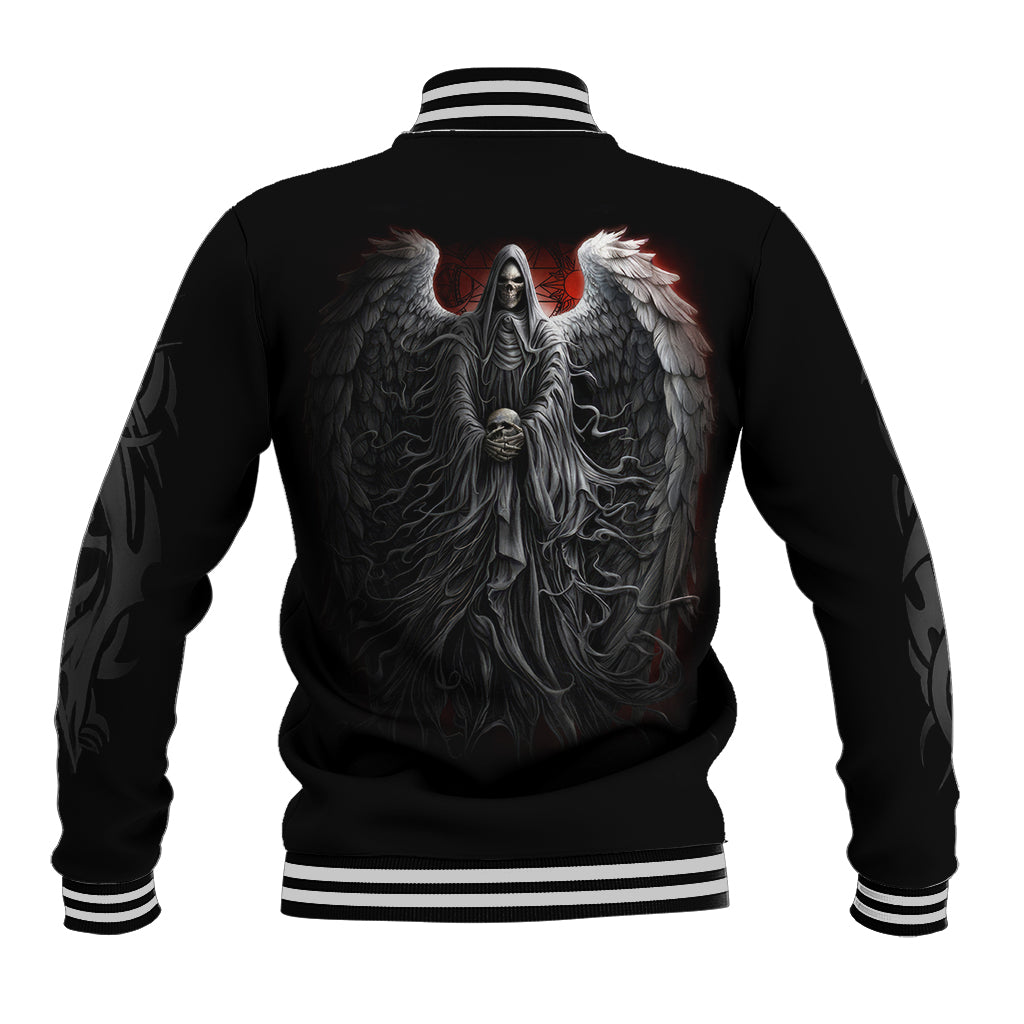 Black baseball jacket with large winged skull back print, snap front, striped ribbed trim