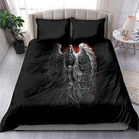 Black bedding set with winged angel print on duvet and two matching pillow shams