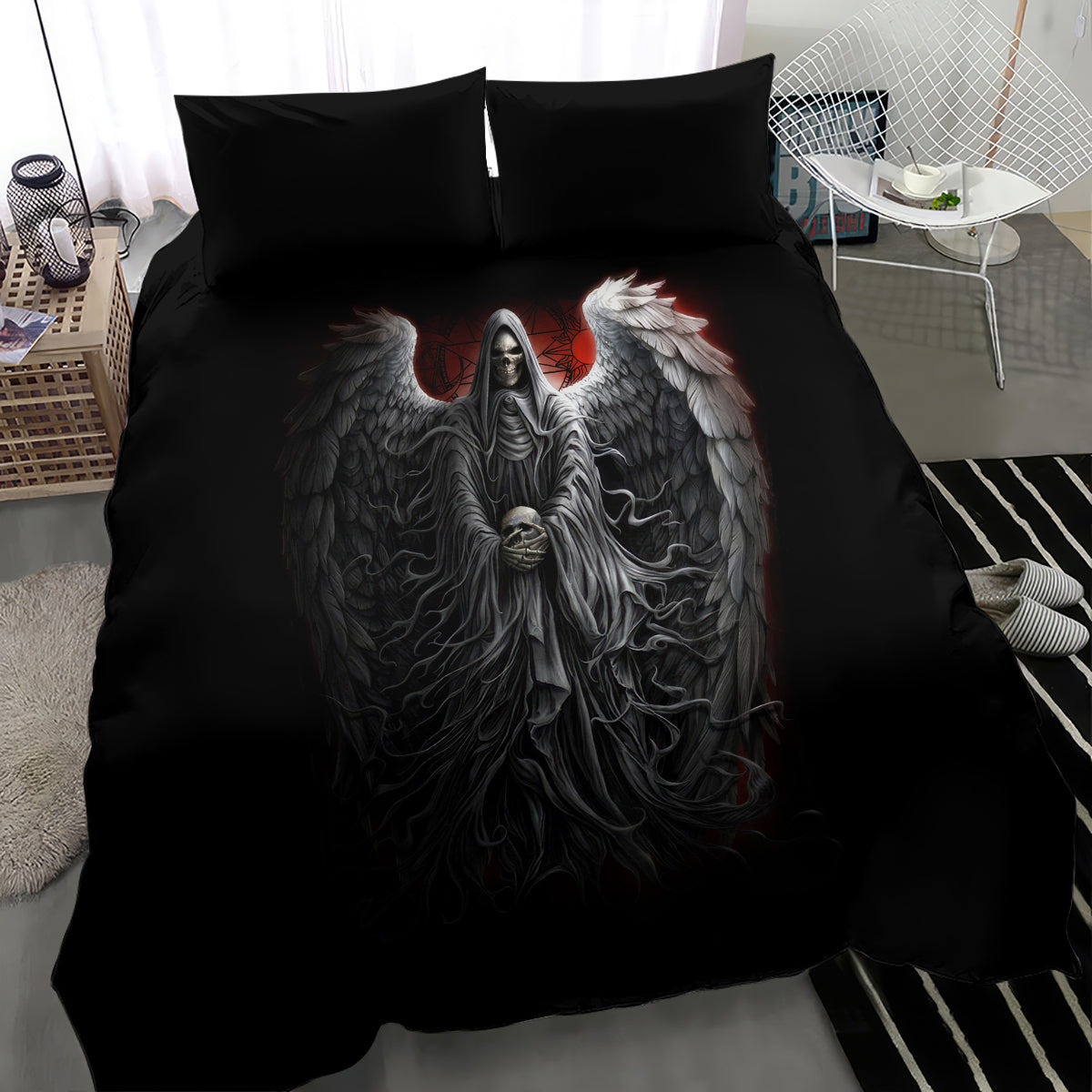 Black duvet cover bedding set with winged angel illustration and two pillow shams