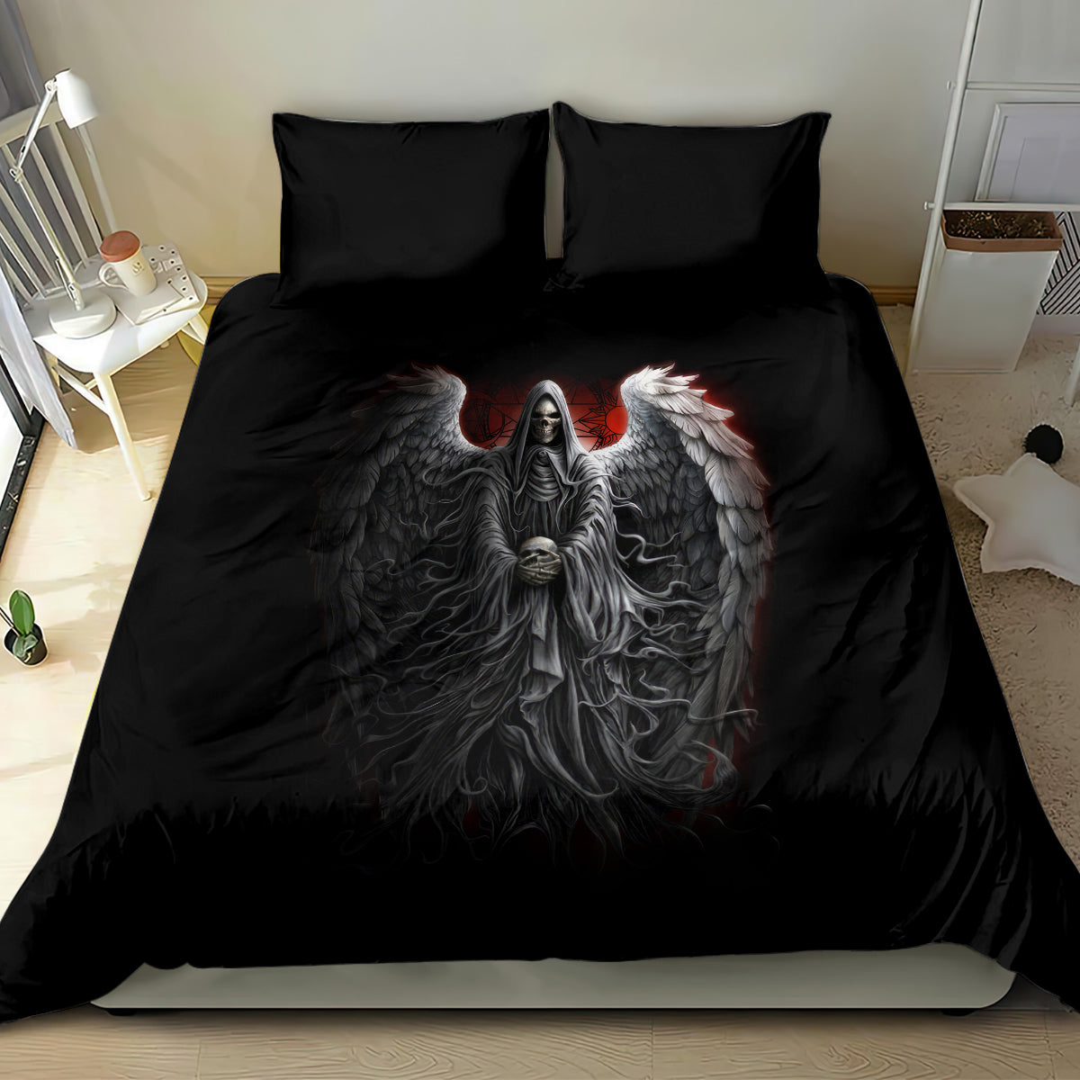 Black bedding set with winged angel artwork on duvet and two pillow shams