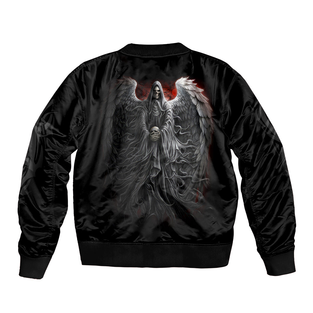 Black unisex bomber jacket with ribbed hem and back winged skull artwork