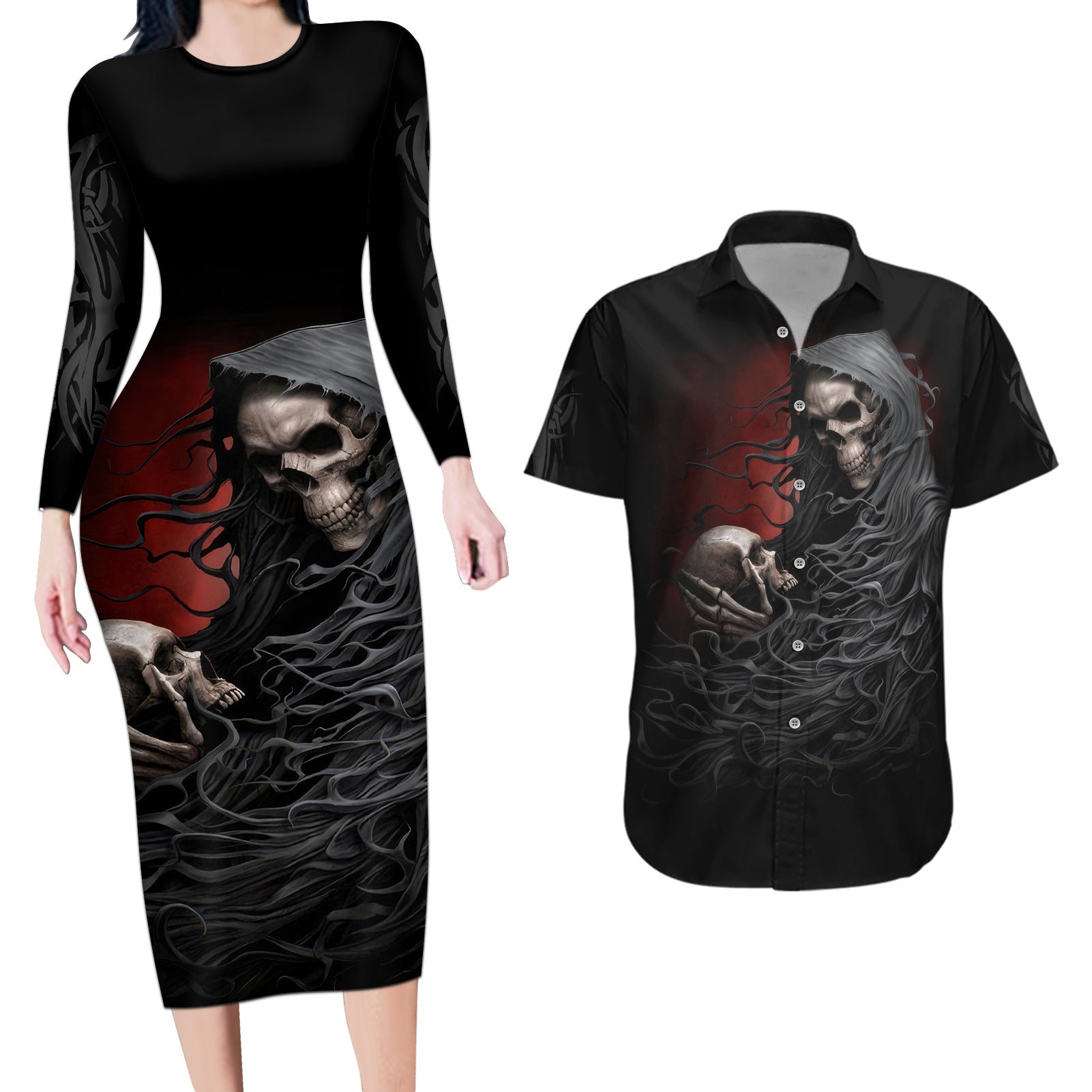 Skull Couples Matching Long Sleeve Bodycon Dress and Hawaiian Shirt Death Angel Hold Skull - Wonder Print Shop