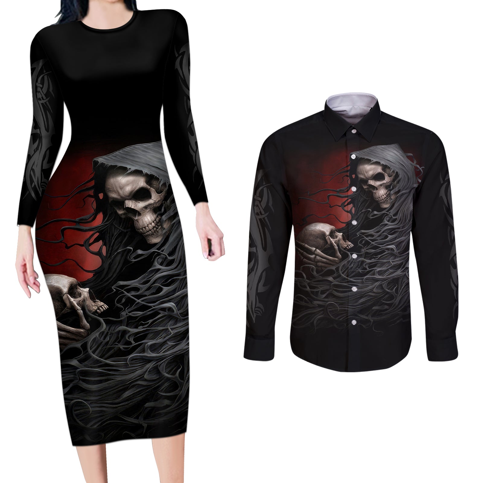 Skull Couples Matching Long Sleeve Bodycon Dress and Long Sleeve Button Shirts Death Angel Hold Skull - Wonder Print Shop