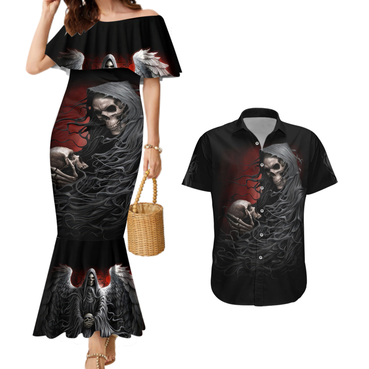 Skull Couples Matching Mermaid Dress And Hawaiian Shirt Death Angel Hold Skull - Wonder Print Shop