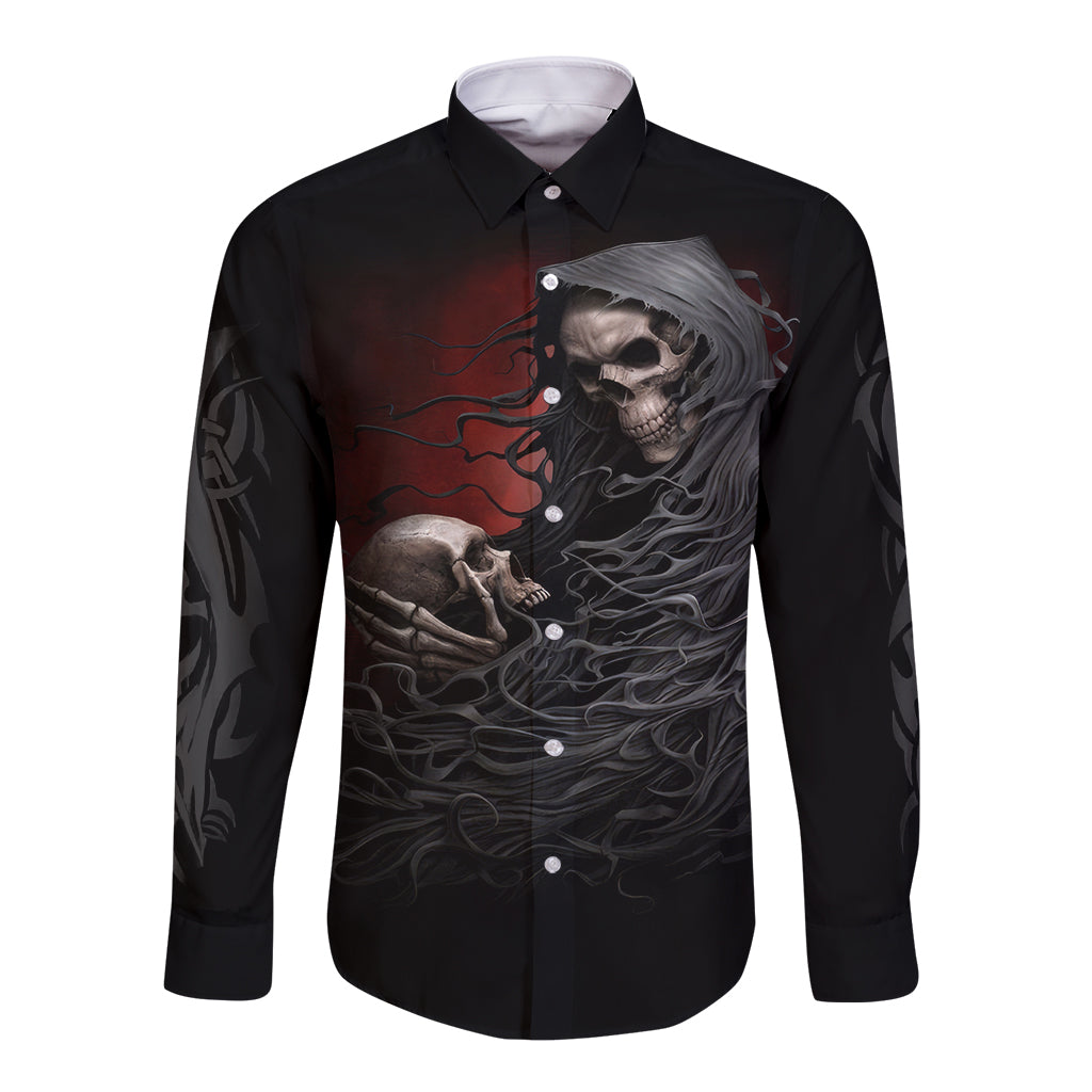 Black long-sleeve button shirt with skull and winged flame graphic