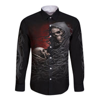 Black long-sleeve button shirt with skull and winged flame graphic
