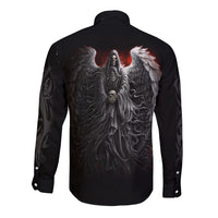 Black long-sleeve button shirt with angel figure and large wing graphic