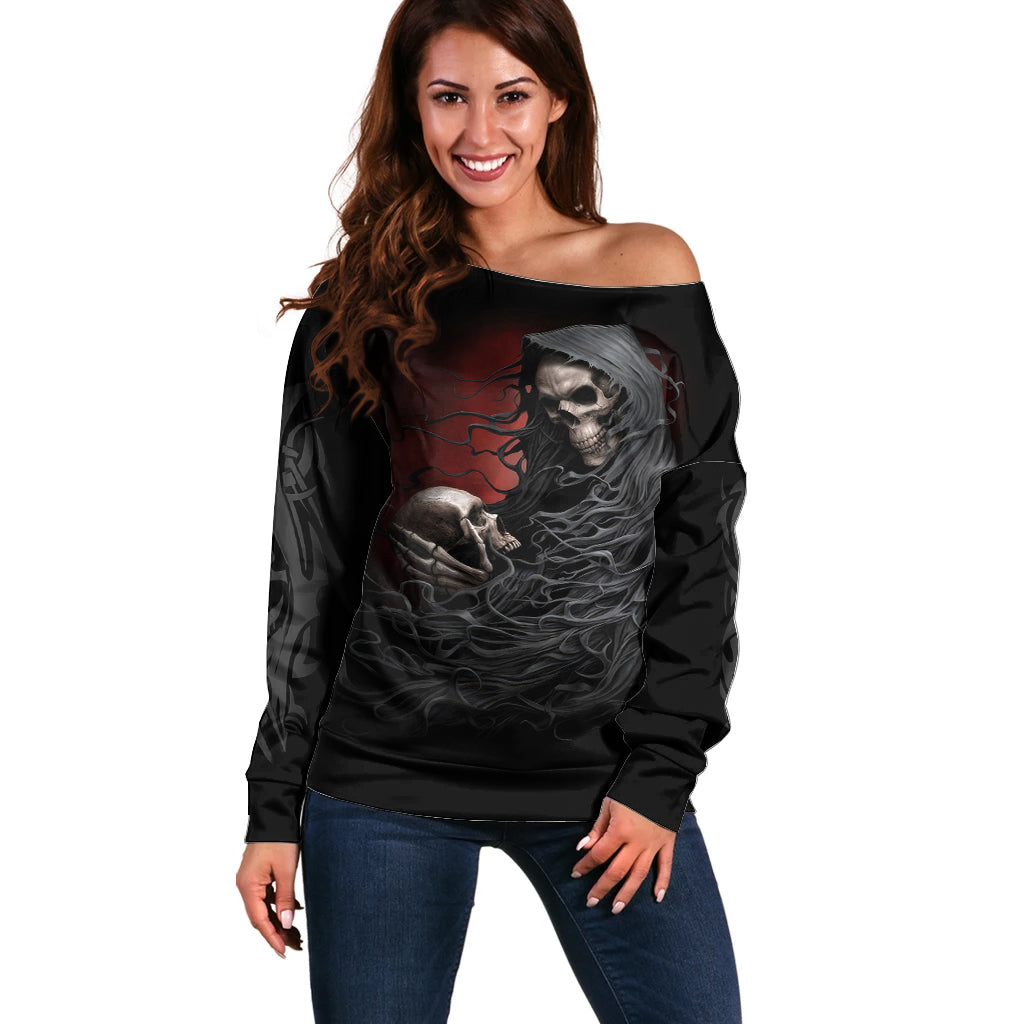 Skull Off Shoulder Sweater Death Angel Hold Skull - Wonder Print Shop