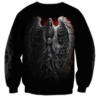 Unisex black sweatshirt back print: winged hooded skull figure with red halo