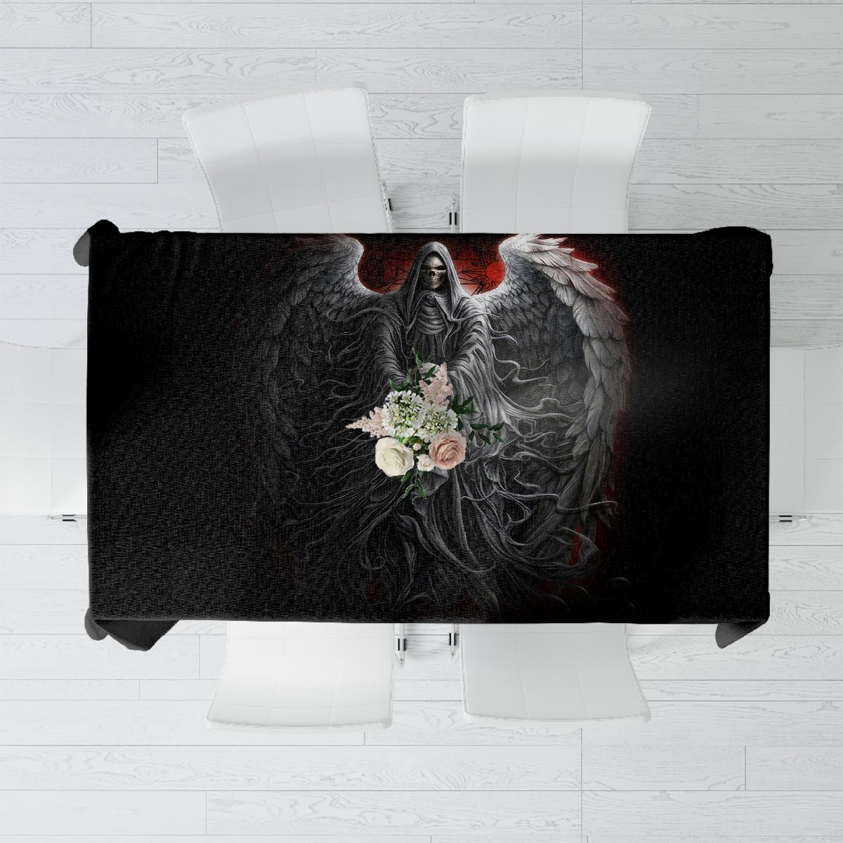 Black skull tablecloth with winged angel and floral bouquet center print