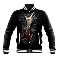 Black baseball jacket with front skull-and-skeleton graphic, button closure