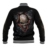 Black baseball jacket with back skull graphic and striped ribbed collar