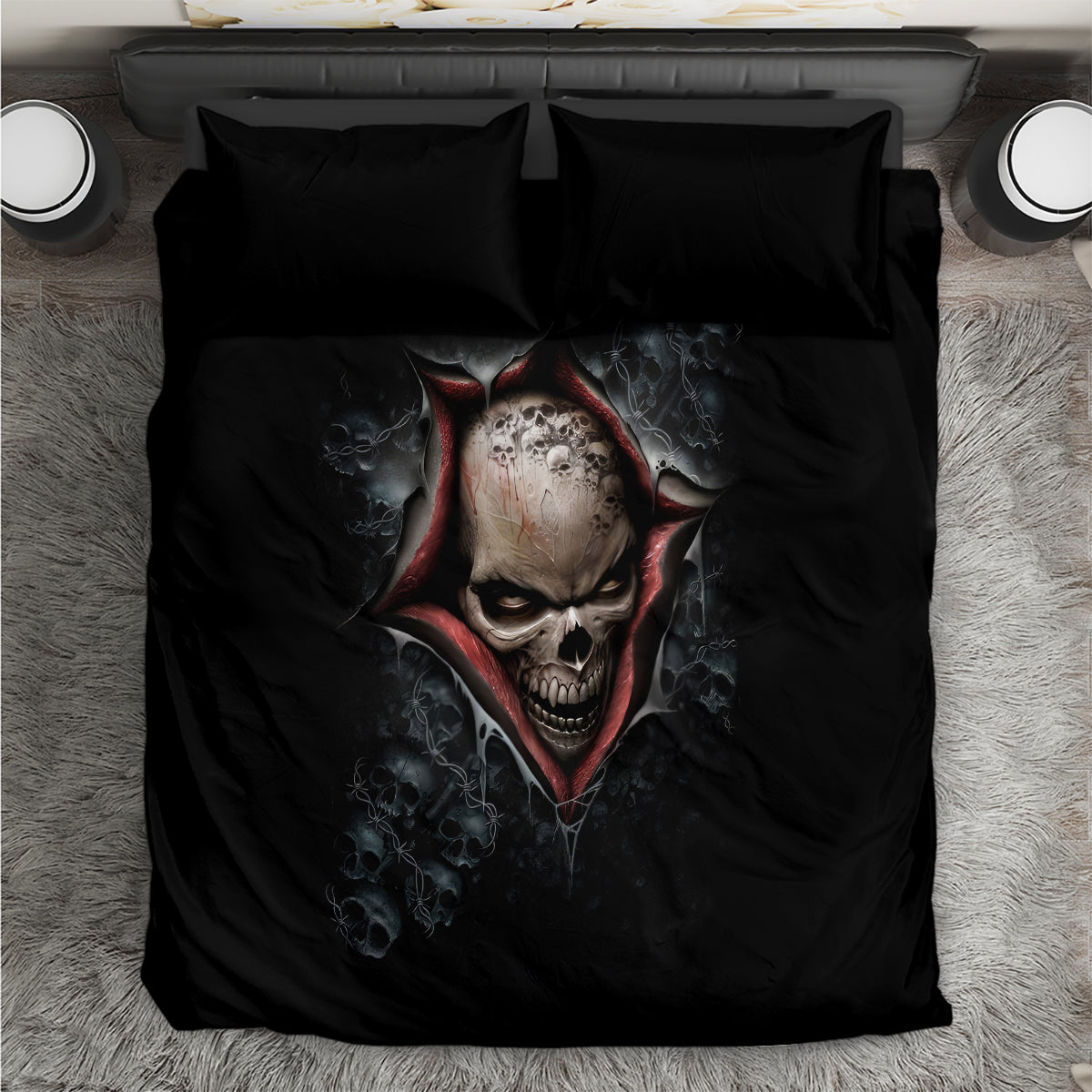 Black skull skeleton bedding set with red hood graphic and two matching pillowcases