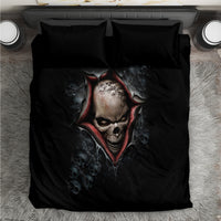 Black skull skeleton bedding set with red hood graphic and two matching pillowcases