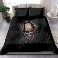 Black skull skeleton duvet and two pillowcases, red-bordered skull face center print