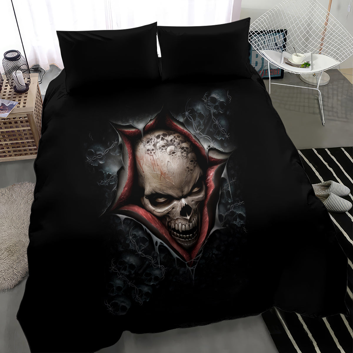 Black skull skeleton bedding set with large skull face and red hood, two pillowcases