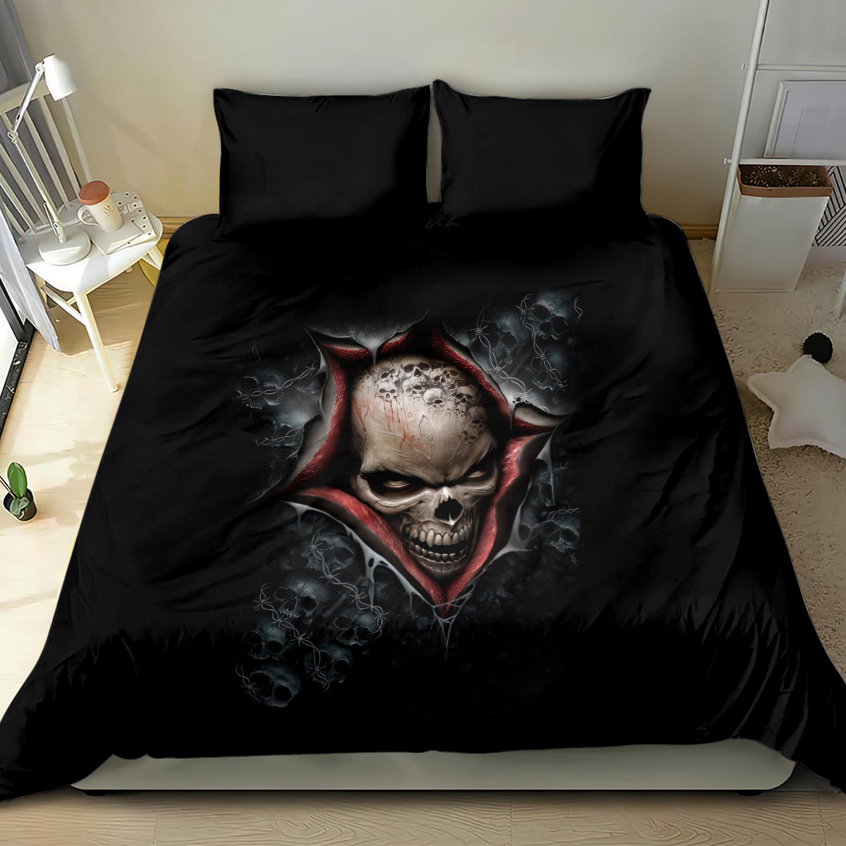Black skull skeleton bedding set featuring red hood skull face, centered on duvet