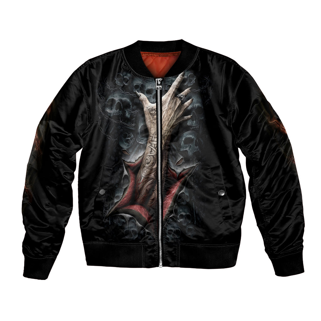 Black satin bomber jacket with front skull graphic, zip-up front, ribbed cuffs and hem